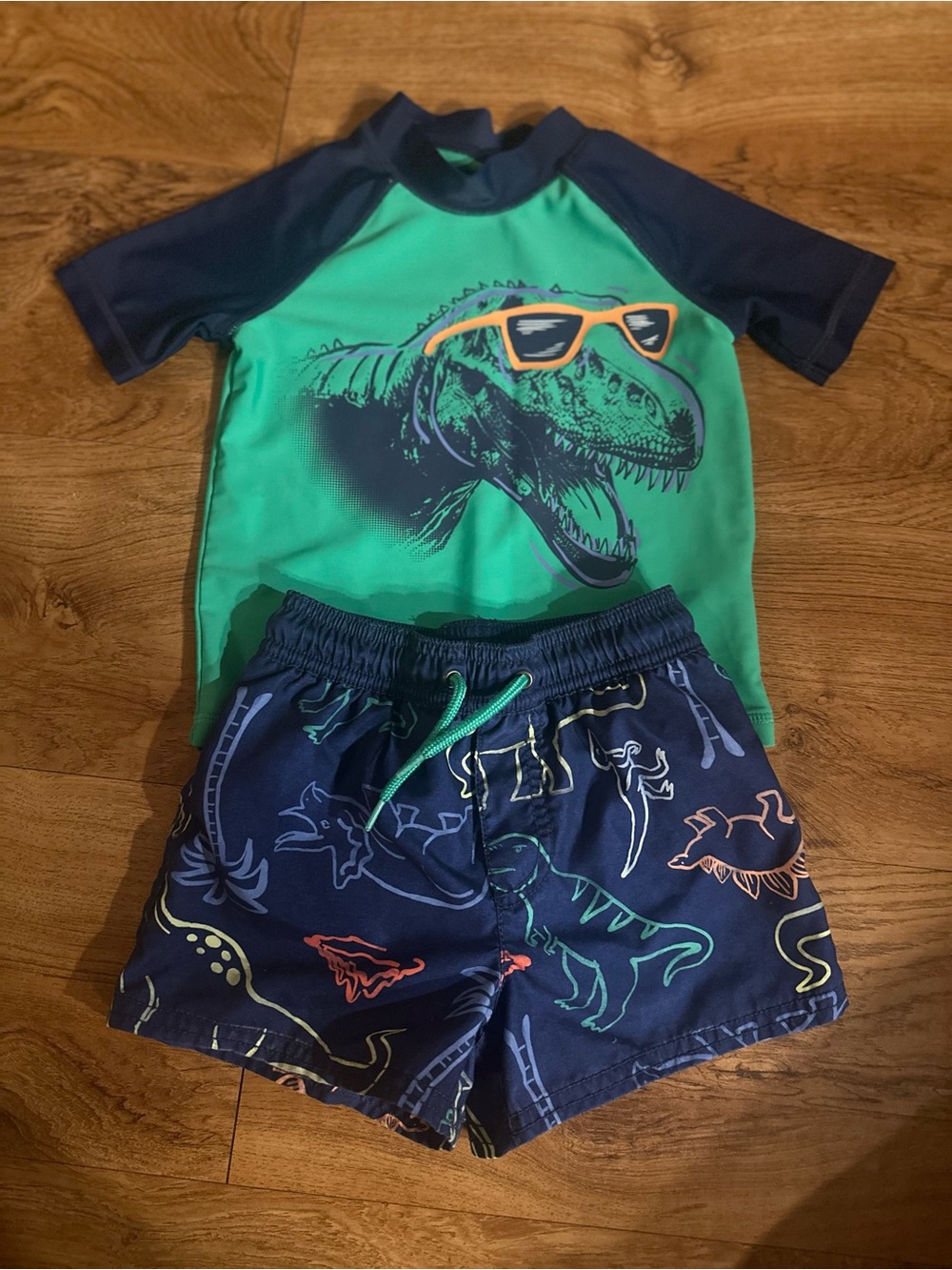 Kids Green Navy Dino Rash Guard Swim Set